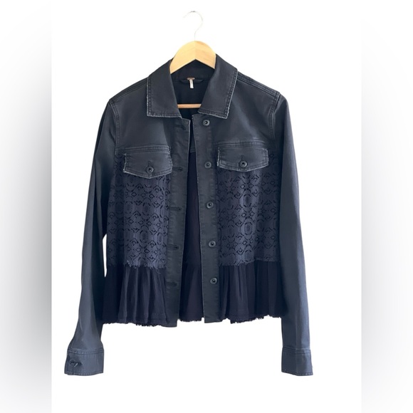 Free People Stylish Black  denim Lace Women's Jacket - Picture 6 of 11